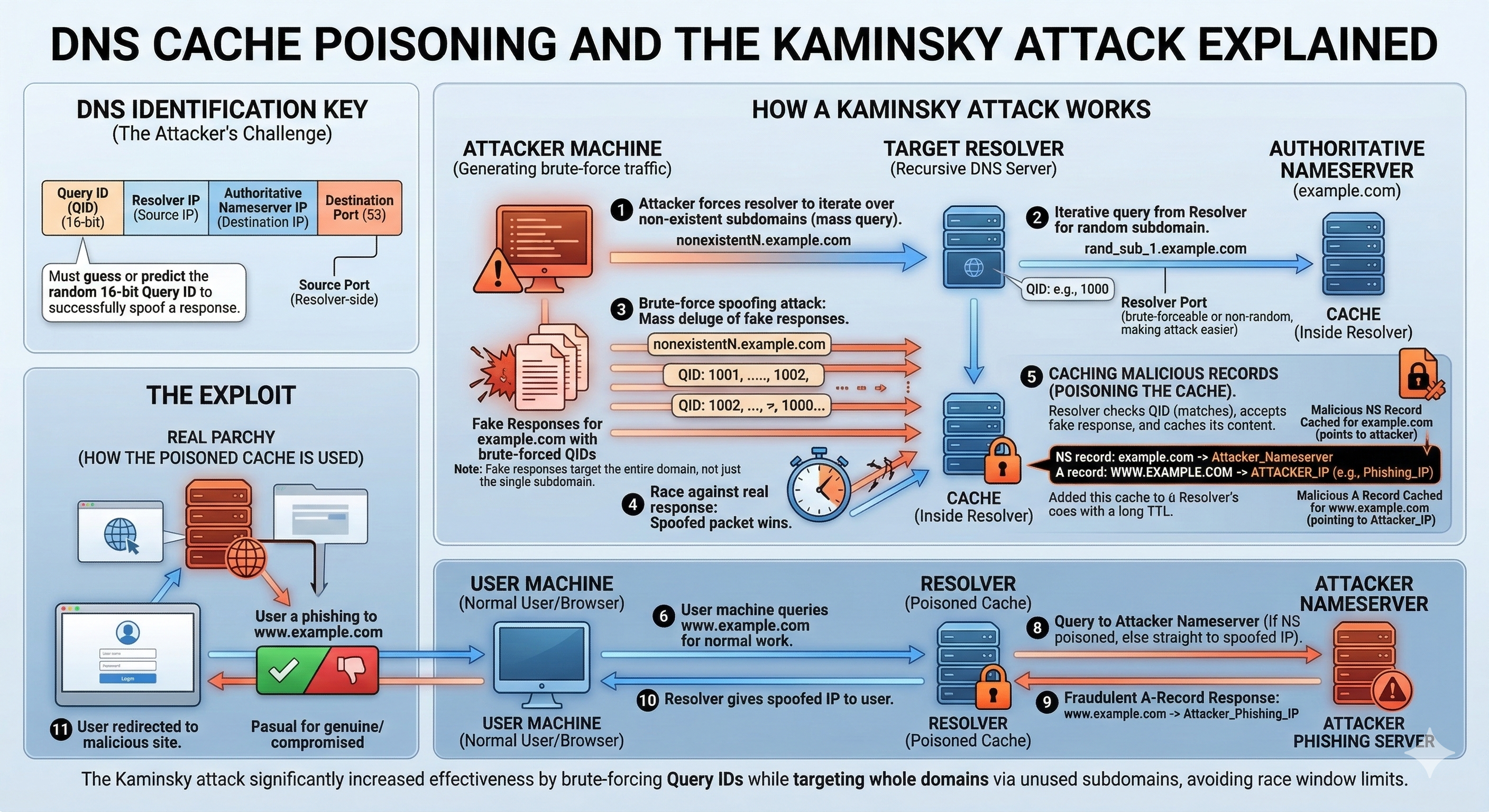 DNS cache poisoning attack diagram showing attacker injecting fake DNS responses into a resolver cache
